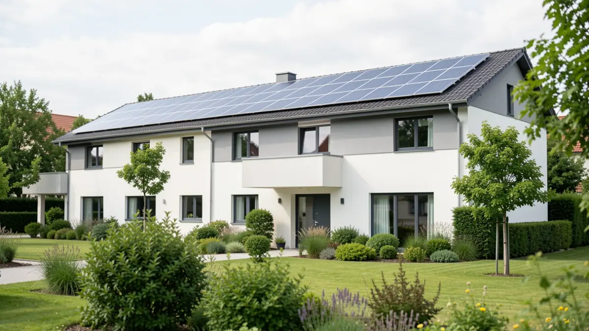 Bâtiment intercommunal moderne avec panneaux solaires sur le toit, dans un paysage verdoyant.