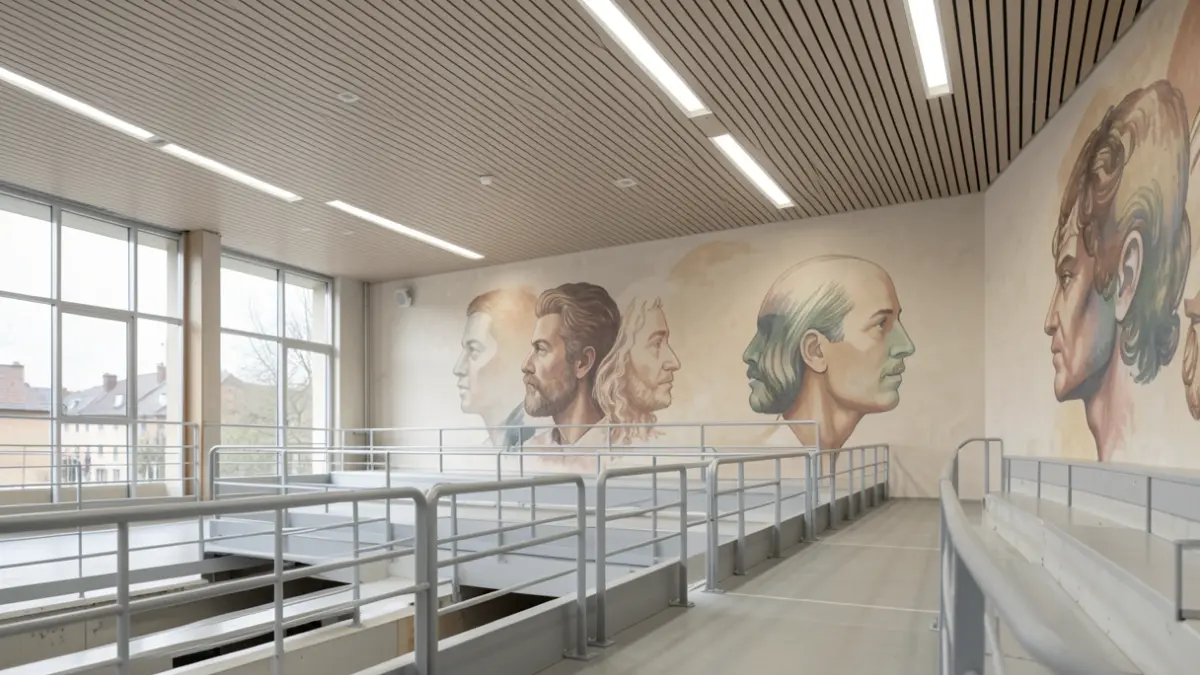 Generic image of the interior of a renovated gymnasium with radiant ceiling panels and artistic murals.