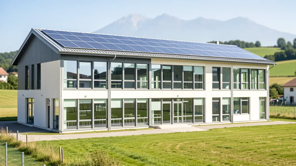 Generic image of a modern intercommunal gymnasium with solar panels, in a rural setting.