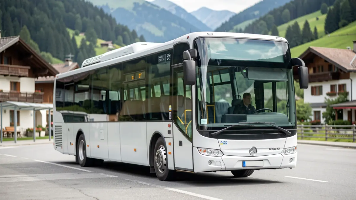 Image générique d'un bus moderne dans un village de montagne.