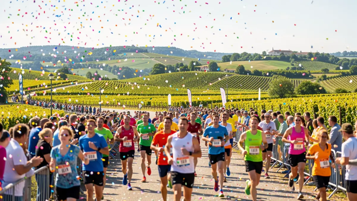 Generic image of runners crossing a finish line in a festive atmosphere, with vineyards in the background.
