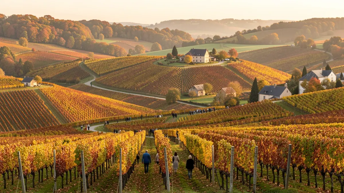 Image générique: avec des collines couvertes de vignes colorées et quelques fermes éparses, sous la lumière dorée du soleil couchant.