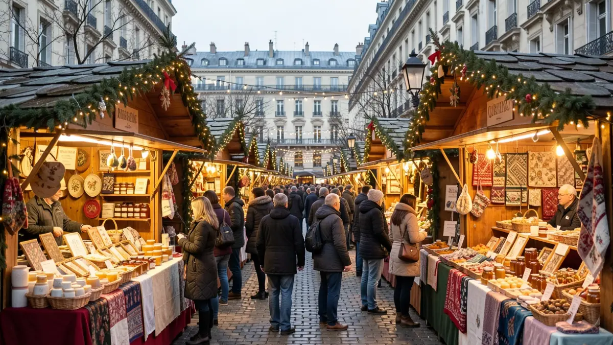 Generic image of the Lyon Christmas market on Place Carnot, featuring artisanal chalets and festive decorations.