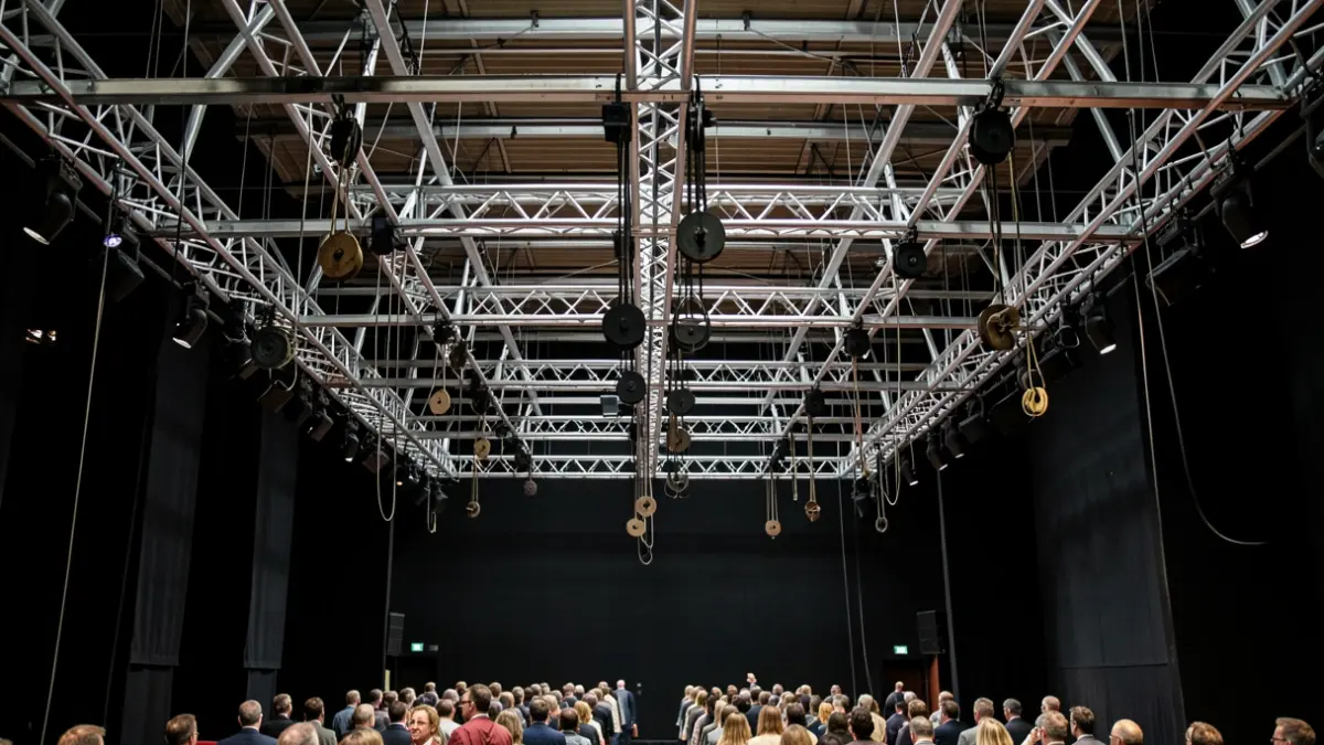 Vue intérieure du système de cintres d'un théâtre avec poulies et câbles au-dessus de la scène.