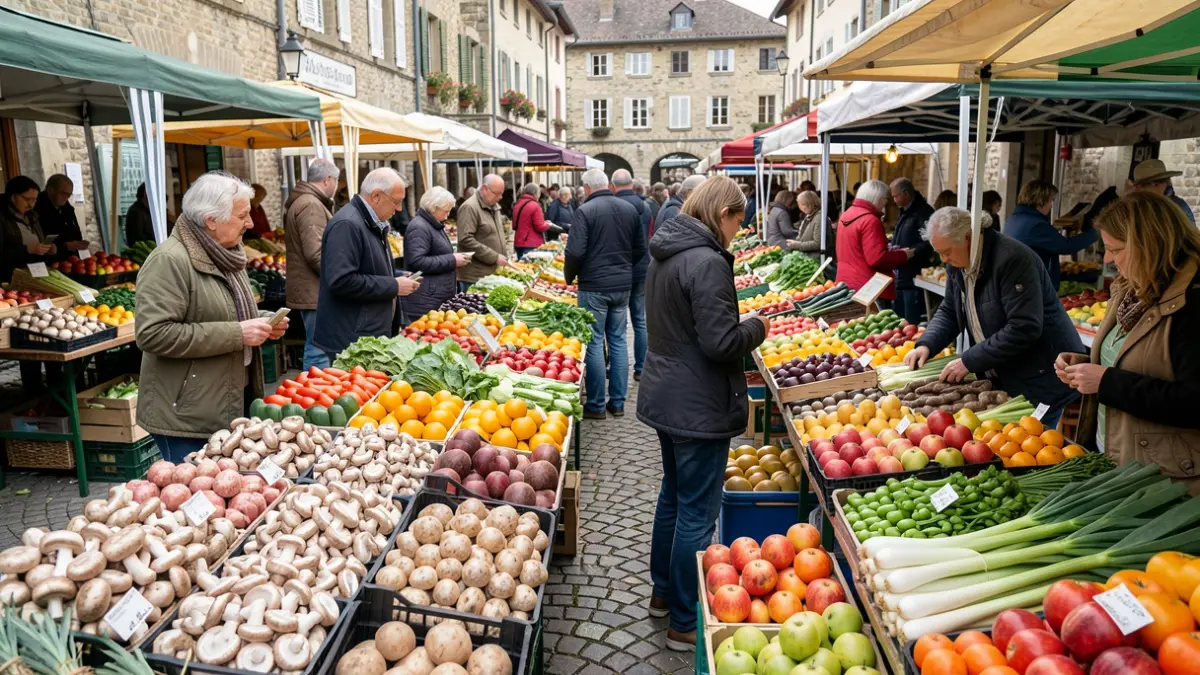 Colorful farmers market scene highlighting fresh local produce.