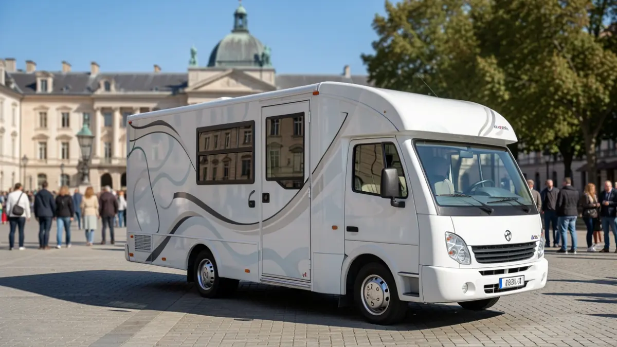 Generic image of a mobile cultural truck parked in a public square.