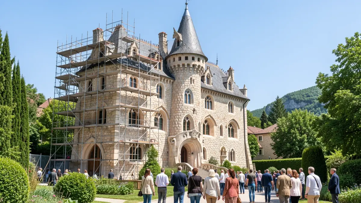 Facade of the Palais idéal du Facteur Cheval undergoing restoration work.