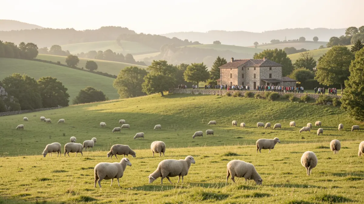 Pastoral landscape in the Gorges de l'Ardèche with green hills and sheep.