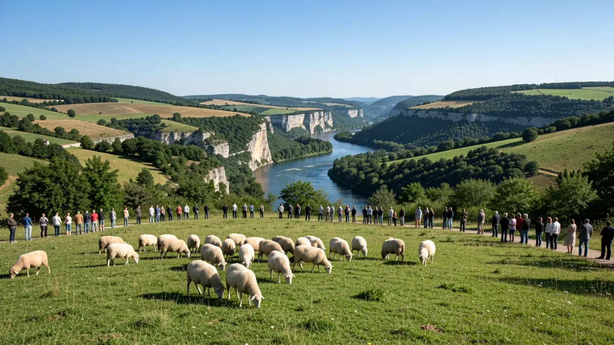 Generic image of gorge landscapes with green hills and a river, under a blue sky. In the foreground, a flock of sheep grazes in a meadow.