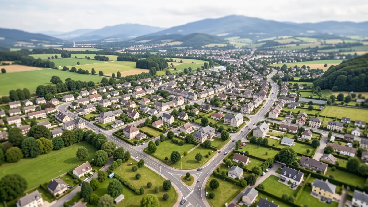 Generic image of an aerial view of a French town in the Auvergne-Rhône-Alpes region, showing a network of roads and green spaces.