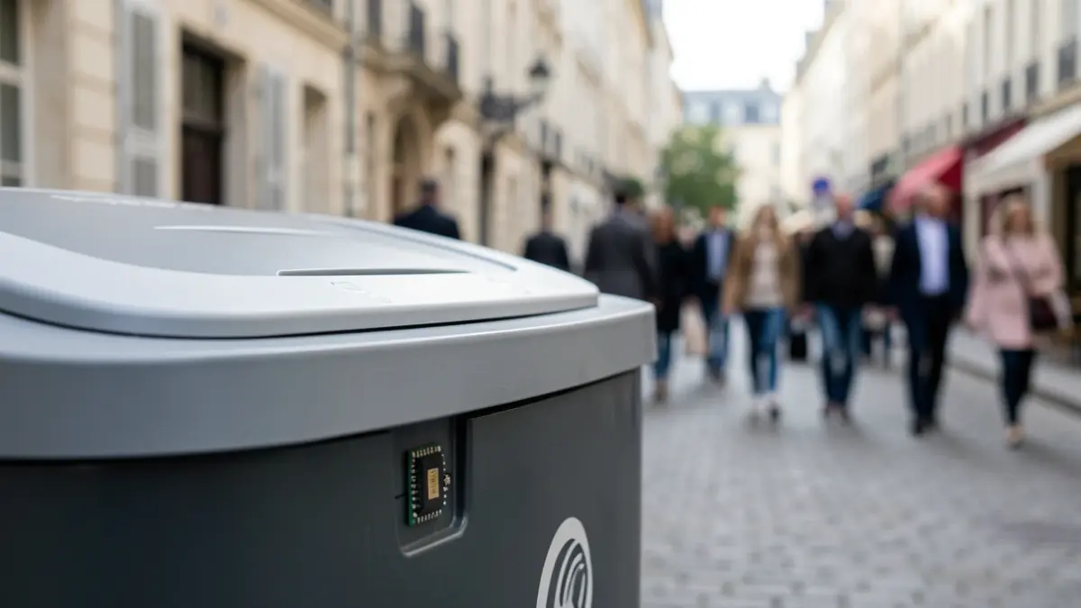 Image d'une poubelle connectée avec une puce électronique.