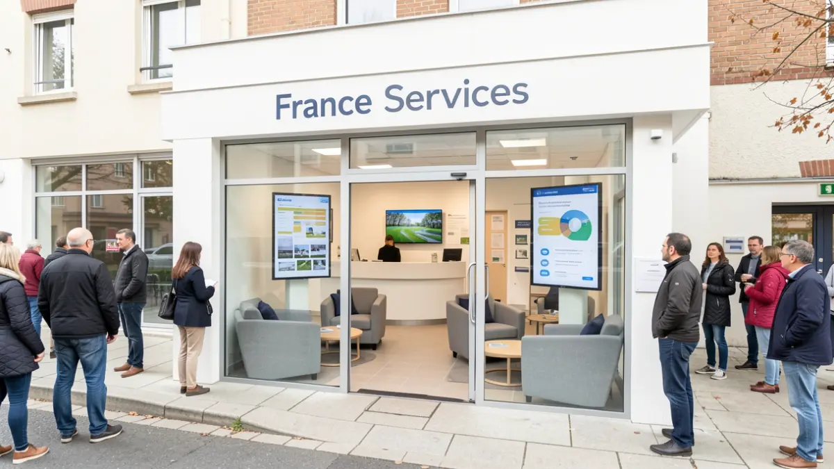 Modern France Services space in Saint-Étienne, with reception area and digital screens.