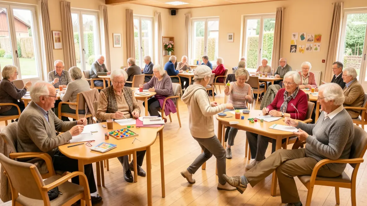 Generic image of a group of seniors participating in physical and cognitive activities in a community hall.