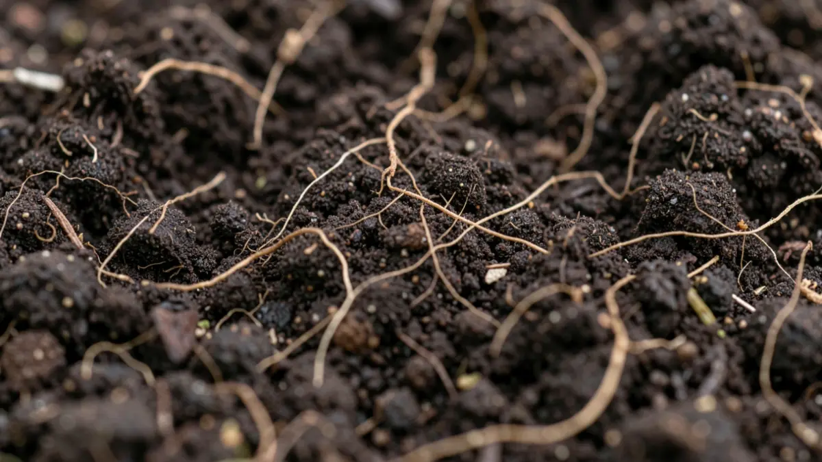 Generic image of rich, dark soil with subtle textures suggesting microscopic life and organic networks.