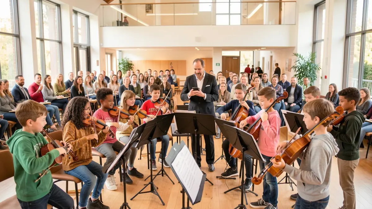 Image générique d'enfants jouant d'instruments de musique dans une salle communautaire.
