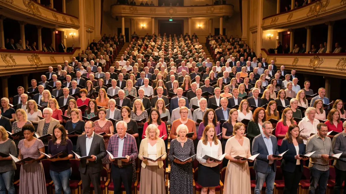 Generic image of thousands of choristers singing together during a large concert.