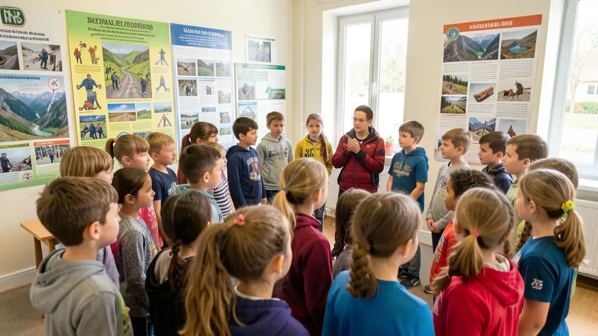 Generic image of children attentively listening to an instructor in a classroom with posters about risks.