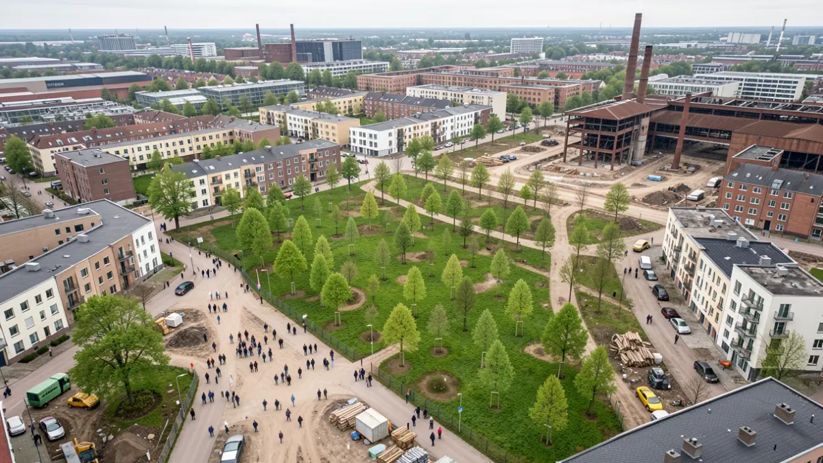 Generic image of a developing neighborhood on a former industrial site, featuring new housing and green spaces.