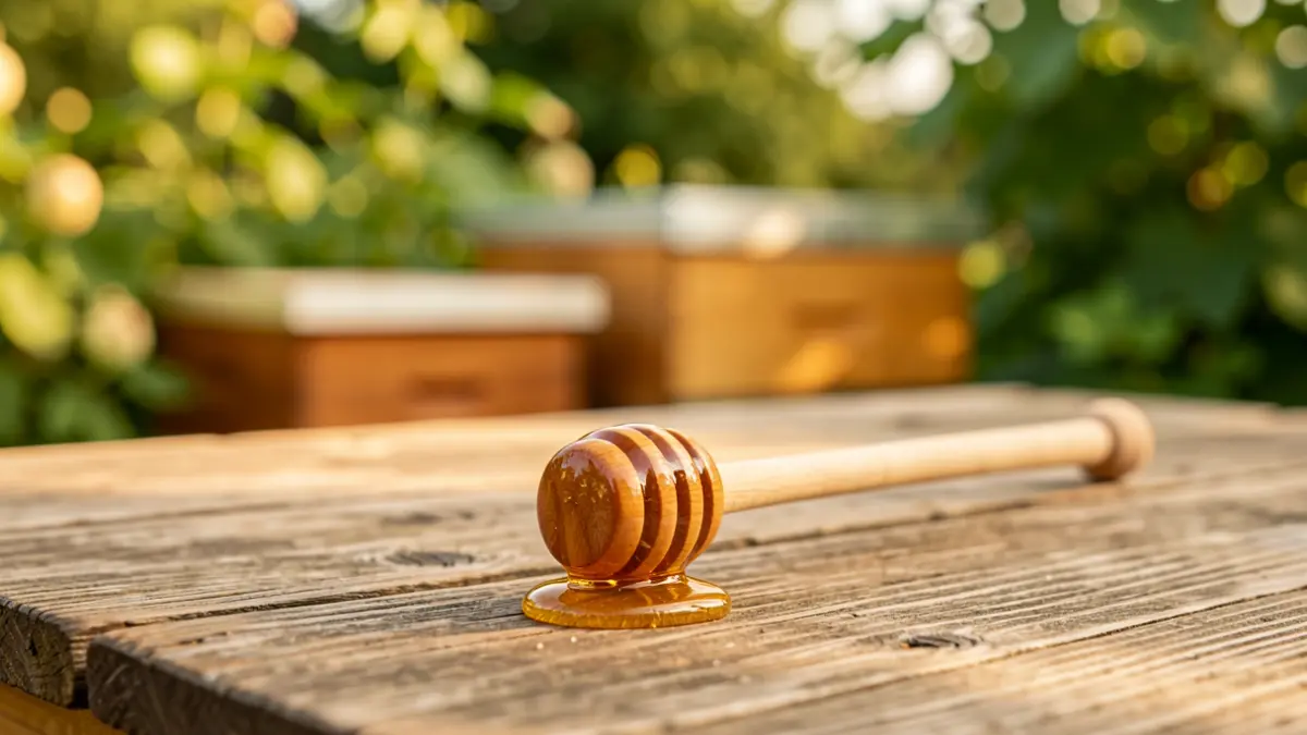 Generic image of a honey dipper stick dripping honey onto a wooden table, with blurred beehives in the background.