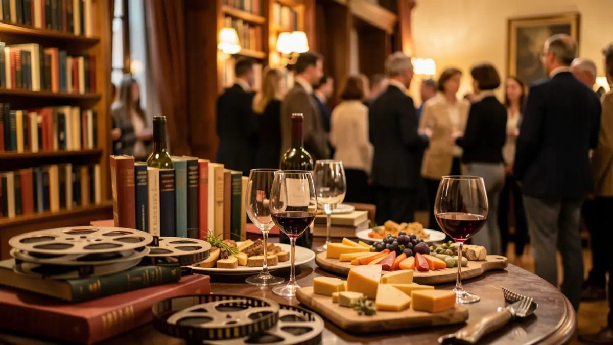 Generic image of a literary and gourmet salon with a cinema theme, featuring blurred books, film reels, and gourmet food items in the background.