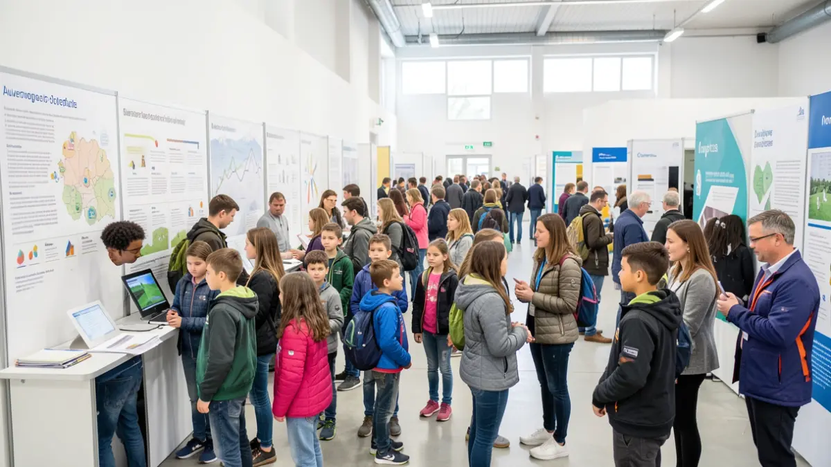 Generic image of young students and parents consulting information stands at an educational fair.