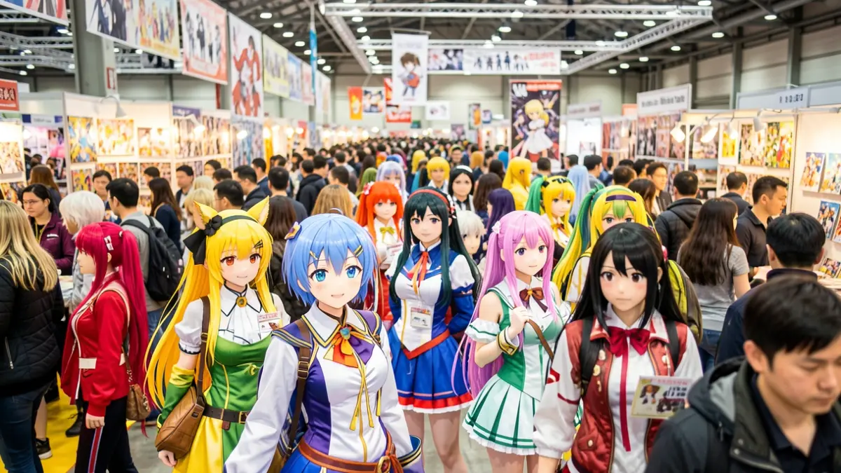 Image générique d'une convention de manga avec des personnages en cosplay et une foule animée, dans un style photographique documentaire.