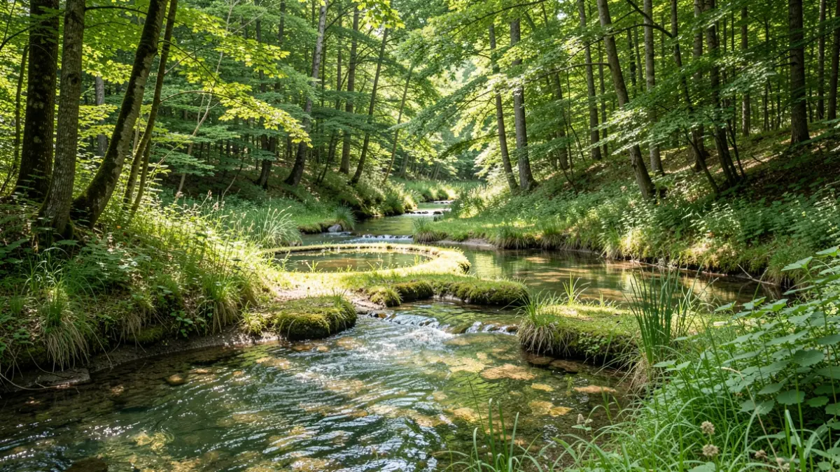 Image générique de restauration écologique d'un cours d'eau en forêt.