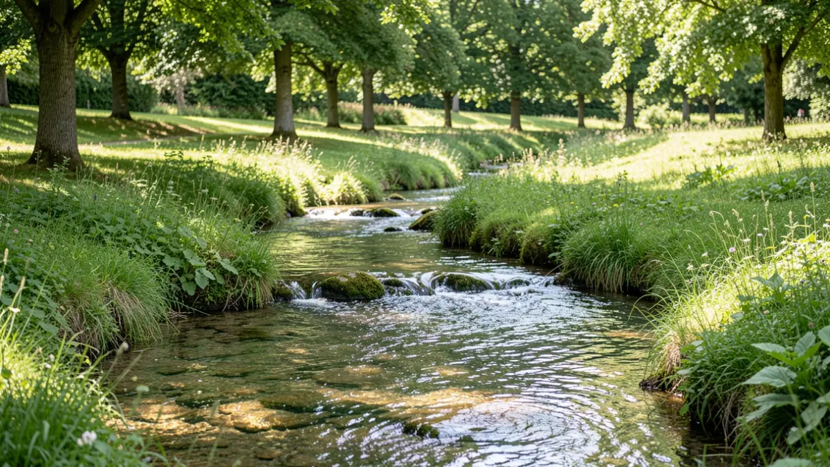 Image générique d'un petit ruisseau serpentant dans un parc verdoyant.