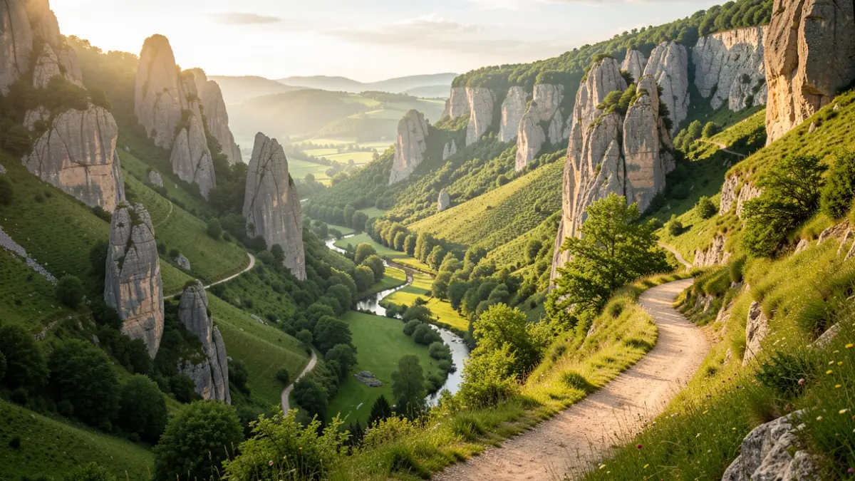 Generic image of a scenic hiking trail in a green valley with rock formations and a river.