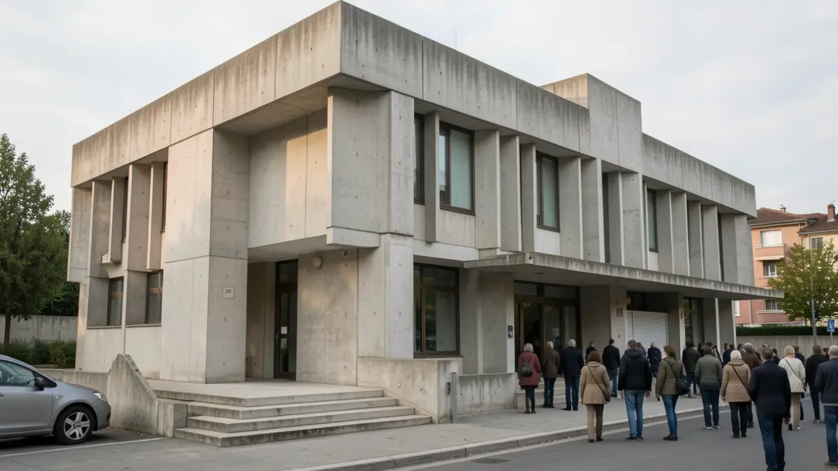 Facade of the Maison de la Culture in Firminy, a concrete building by Le Corbusier, illuminated by soft light.