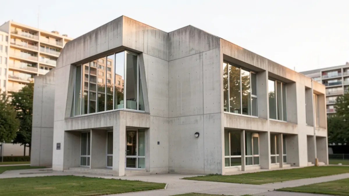Vue extérieure de l'église Saint-Pierre à Firminy, structure moderniste en béton.