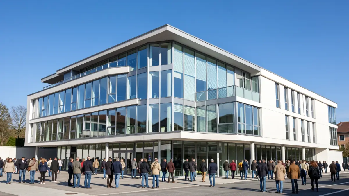 Generic image of a modern administrative building facade with large windows, symbolizing efficiency and progress.