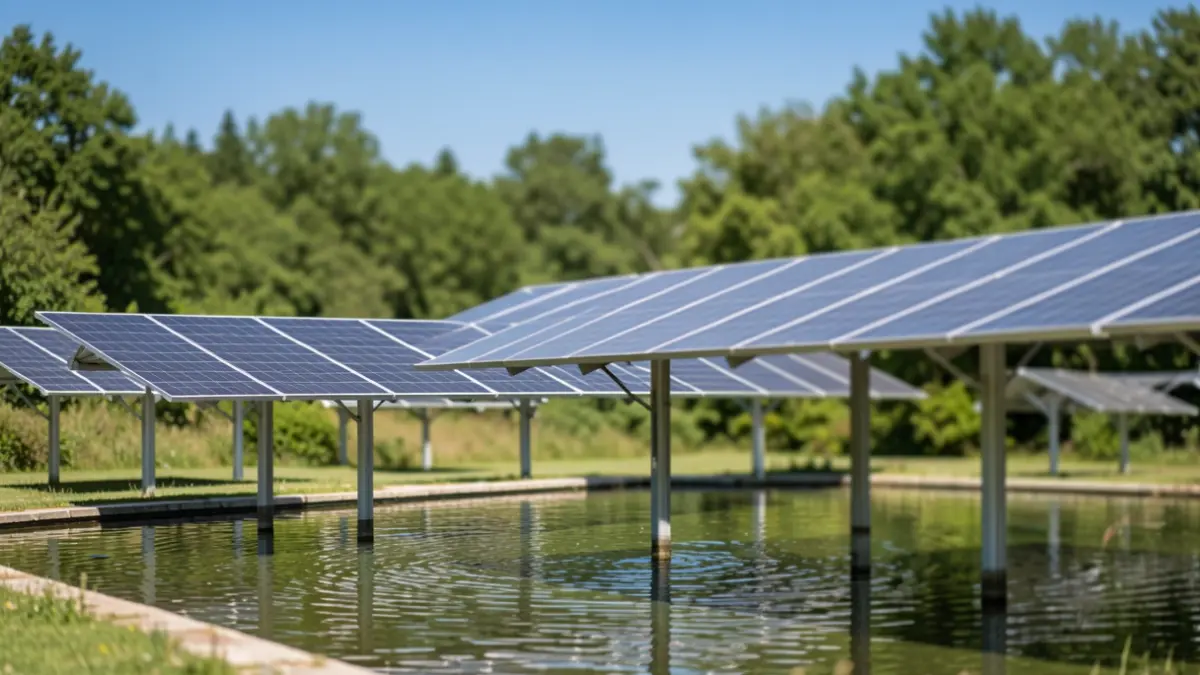 Generic image of solar panel canopies installed over a natural body of water, with a blurred background of green trees and a clear blue sky.