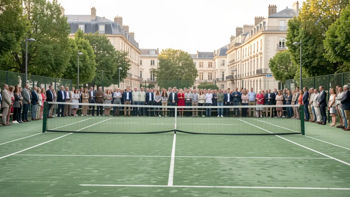 Image générique d'un court de tennis avec un filet et une surface en terre battue verte, lumière douce du jour, sans joueurs ni texte visible.