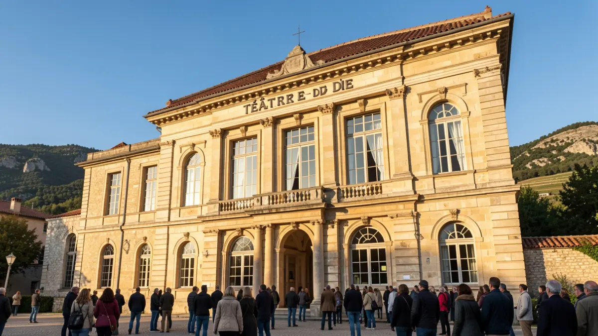 Facade of the Théâtre de Die, a historic stone building with large windows, set against a backdrop of the Diois landscape under a clear blue sky. Warm afternoon sunlight illuminates the architecture.