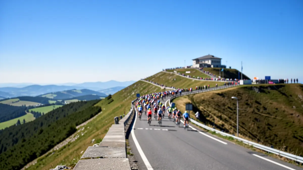 Image générique de la route menant au sommet du Puy de Dôme, avec des éléments de cyclisme et une foule en arrière-plan.