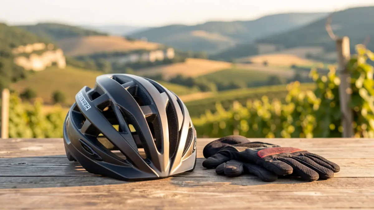 Generic image of a cyclist's helmet and gloves on a table.