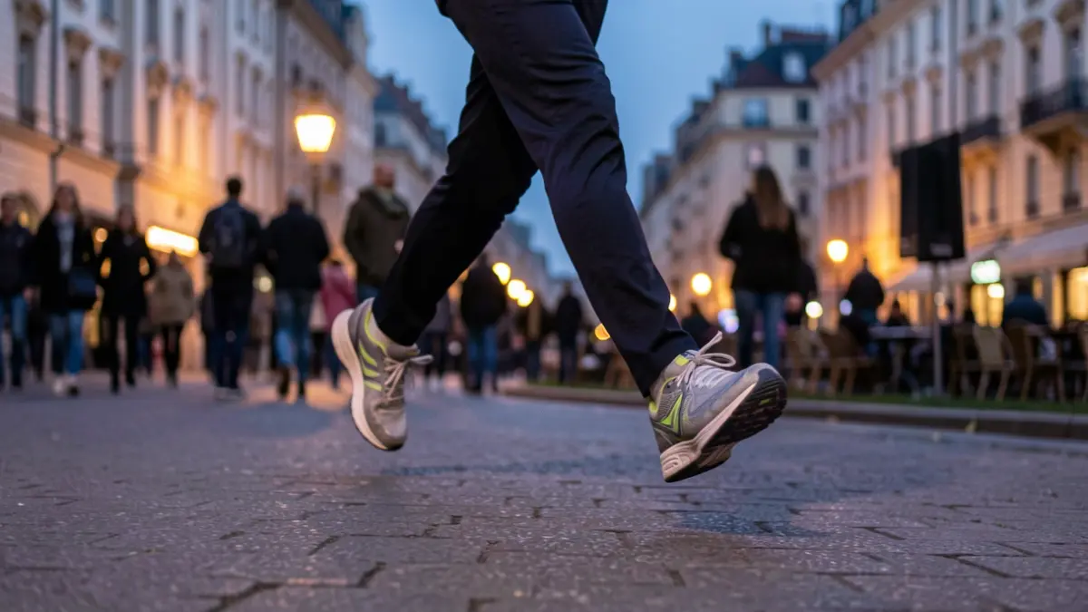 Generic image of runner's feet on a paved path, with blurred city lights and buildings in the background at dusk.