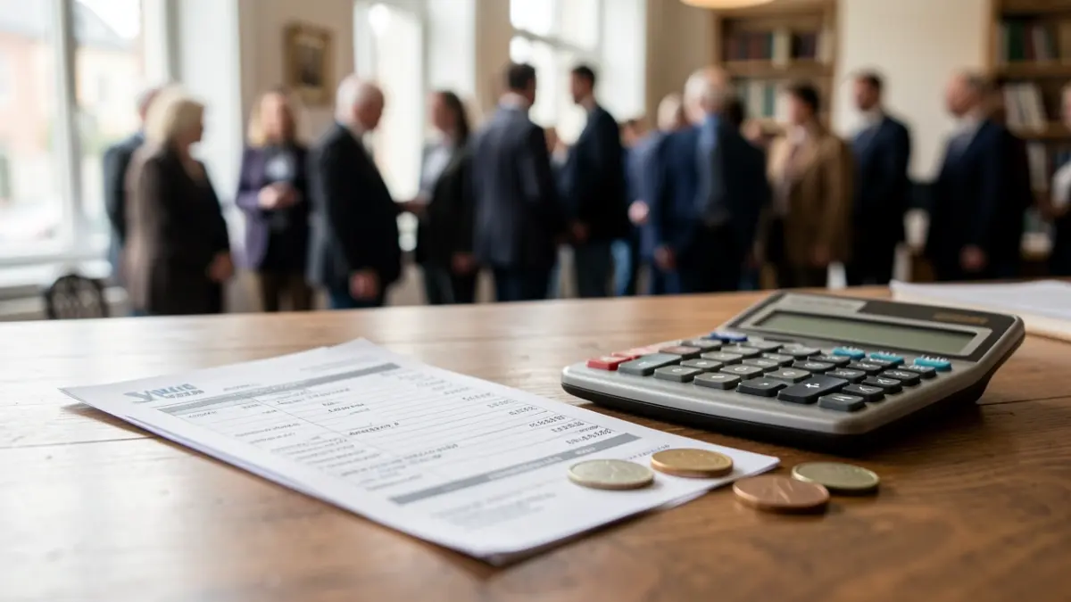 Image générique d'une facture d'eau avec une calculatrice et quelques pièces sur un bureau.