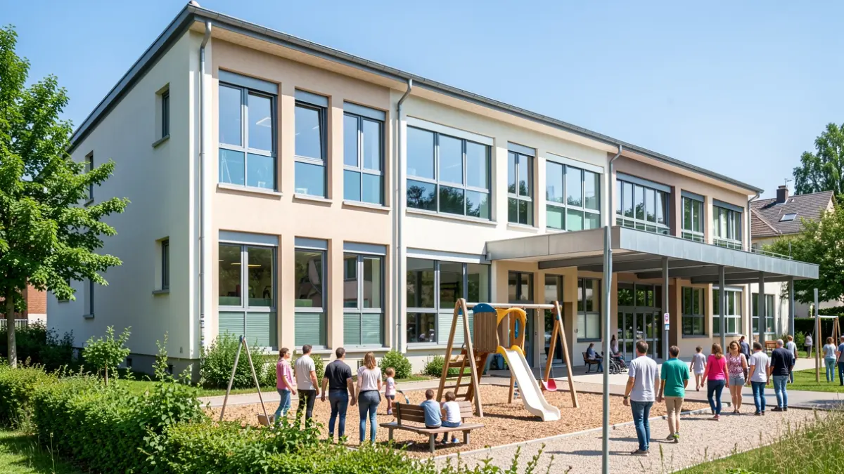 Image générique de la façade d'une école rénovée dans la région Auvergne-Rhône-Alpes, mêlant architecture ancienne et moderne.