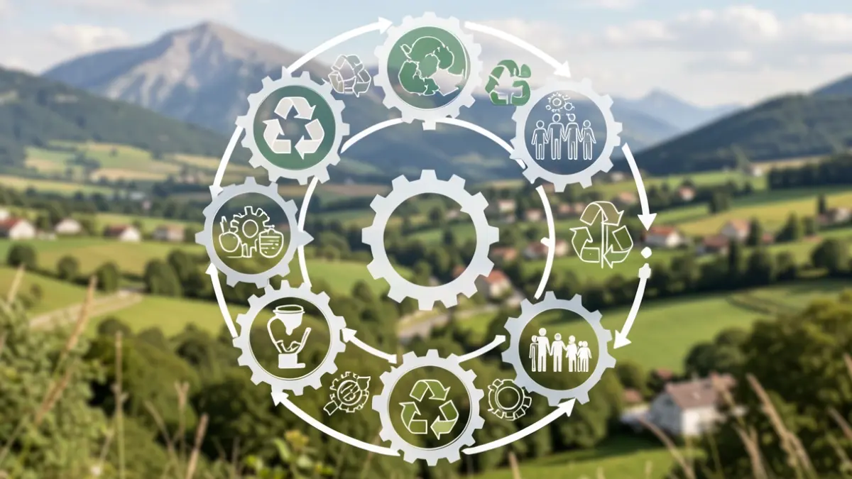 Generic image illustrating the concept of circular economy with interconnected gears and symbols of reuse and local community.