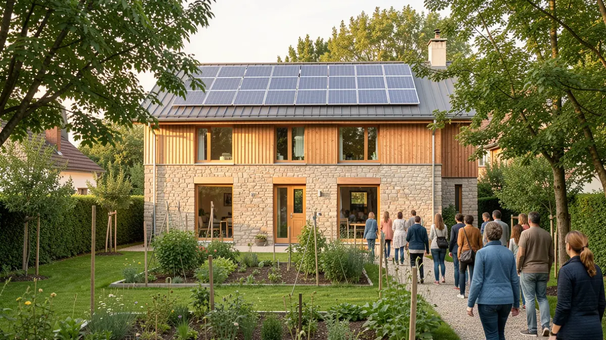 Facade of a modern, ecological building, L'Écrin Vert, integrating natural materials and green spaces.