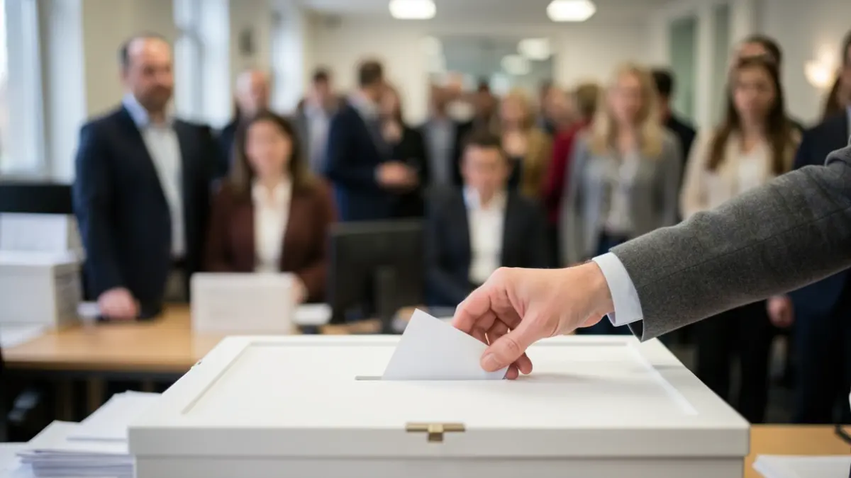 Generic image of a ballot box with a hand casting a vote, blurred background with office elements.