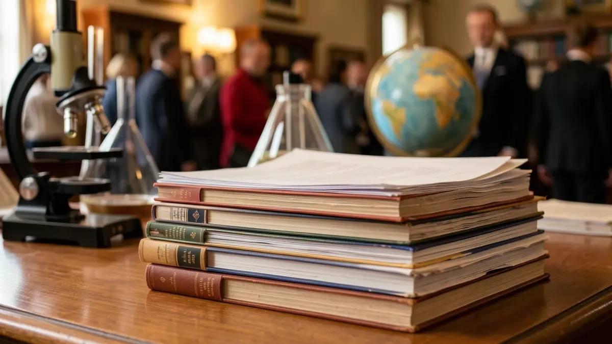 Image générique d'une pile de livres académiques et d'instruments scientifiques sur un bureau.