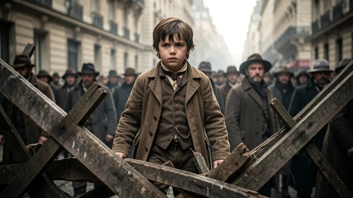 Generic image of a young actor portraying Gavroche on a barricade.
