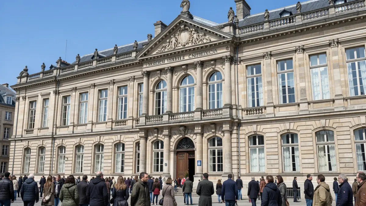 Generic image of the facade of a stone departmental archives building with ornate architectural details under a blue sky.