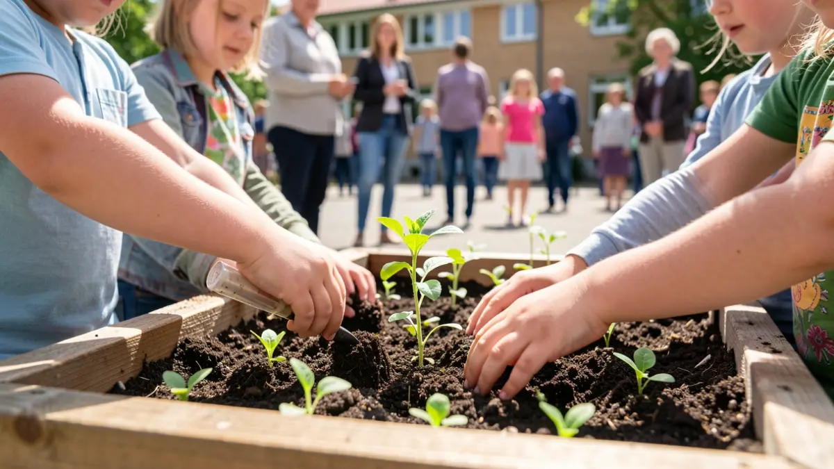 Children's hands planting seedlings in a school's educational garden.