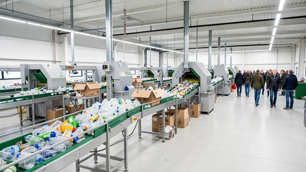 Image générique d'un centre de tri des déchets moderne avec des convoyeurs et des matériaux recyclables.