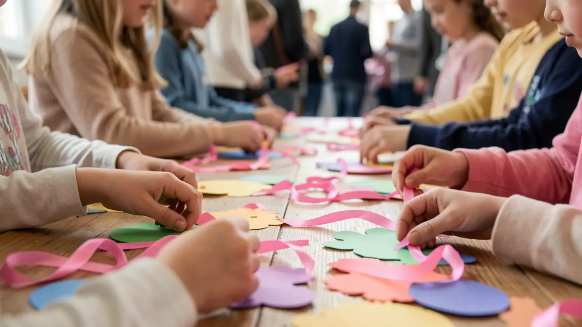 Generic image of children's hands creating solidarity crafts with pink ribbons for the fight against breast cancer.