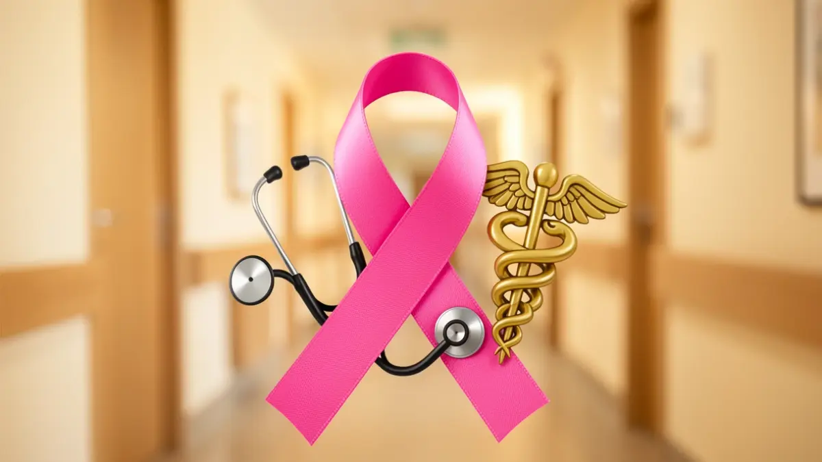 Symbol of a pink ribbon intertwined with medical symbols on a blurred background.